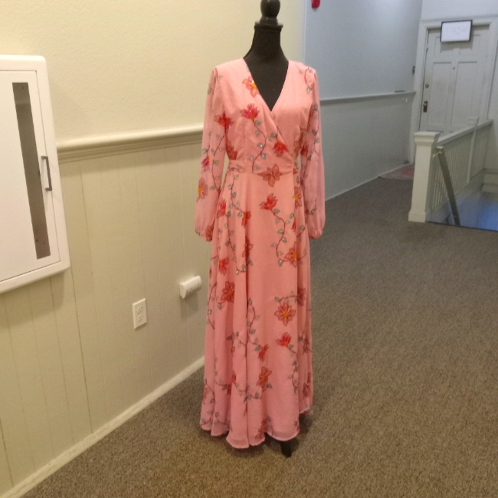 Boston Proper Floral Pink Wrap Maxi Dress